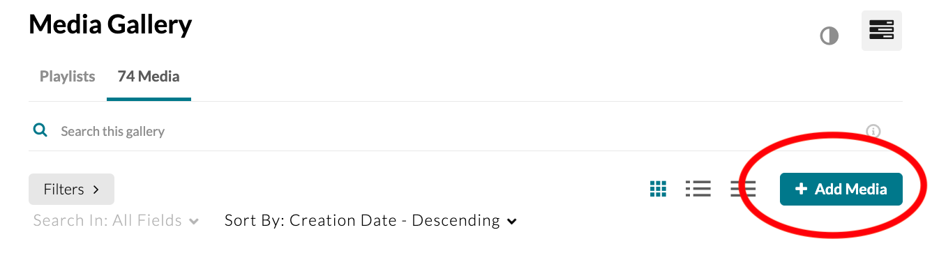 Media Gallery page with "Add Media" button circled in red