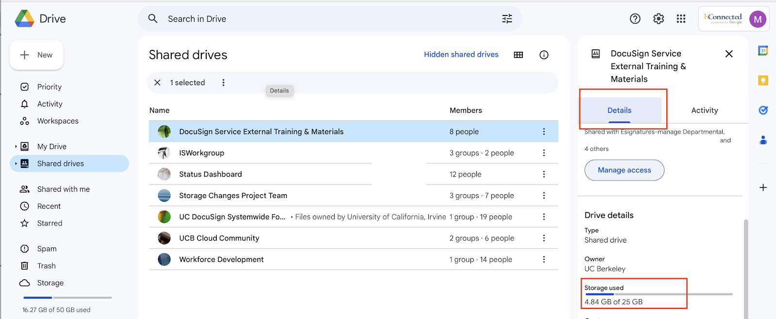 a screenshot of the google drive web interface with a red box drawn around the details tab and the storage used entry in the details area
