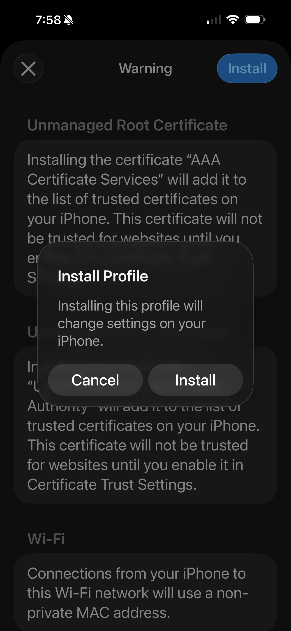 iOS Confirm Install Profile Popup