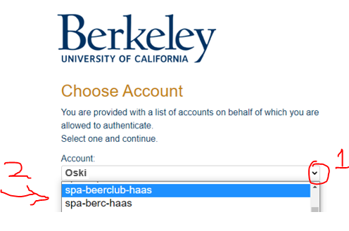 Screenshot of login page with the pulldown menu open, showing a SPA account selected