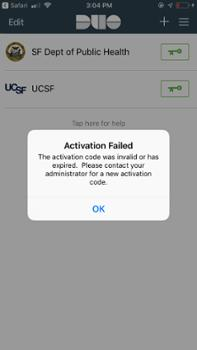 Screenshot of the mobile DUO app showing an "activation failed" error