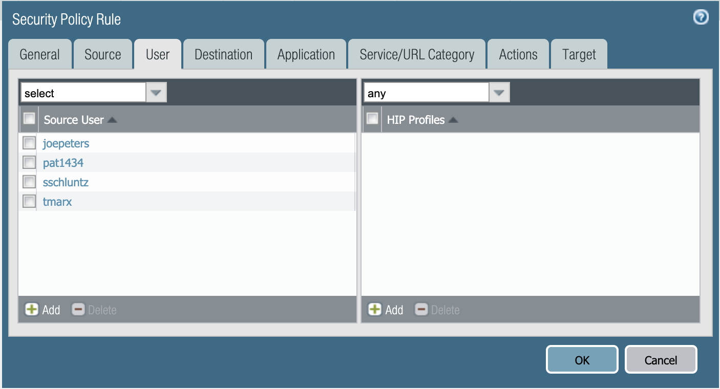 Security Policy User Tab