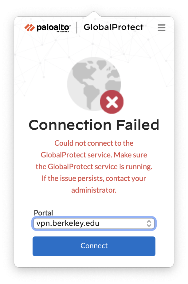 Screenshot showing a GlobalProtect Connection Failed message