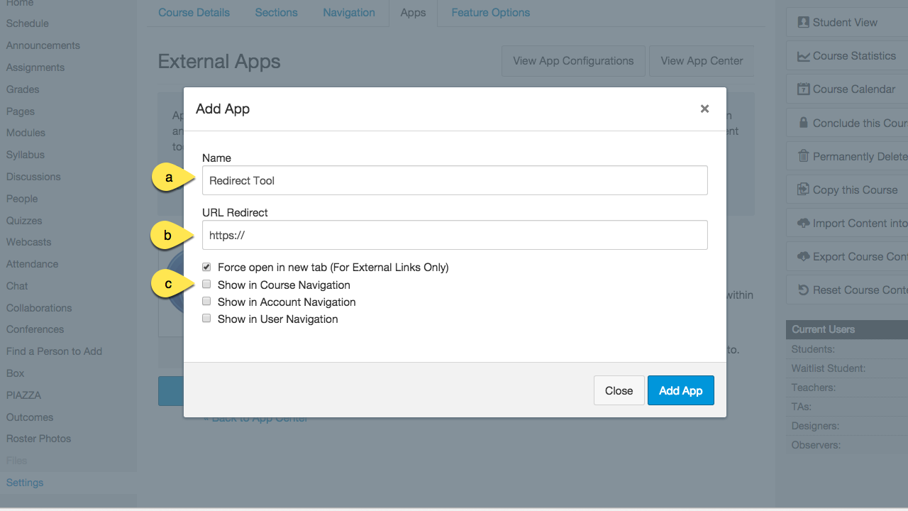 Screenshot showing the Add App configuration form