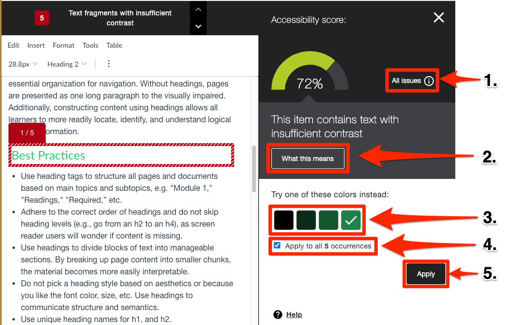 The Ally WYSIWYG Instructor Feedback Tool dashboard with arrows pointing toward the following interface features: 1, the All issues button, 2, the What this means button, 3, Try one of these colors instead options, 4, Apply to all 5 occurrences option, and 5, the Apply button.