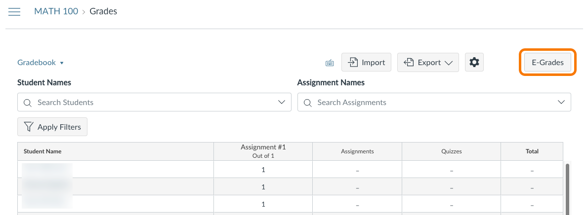 Screenshot of E-Grades Button in the bCourses Gradebook