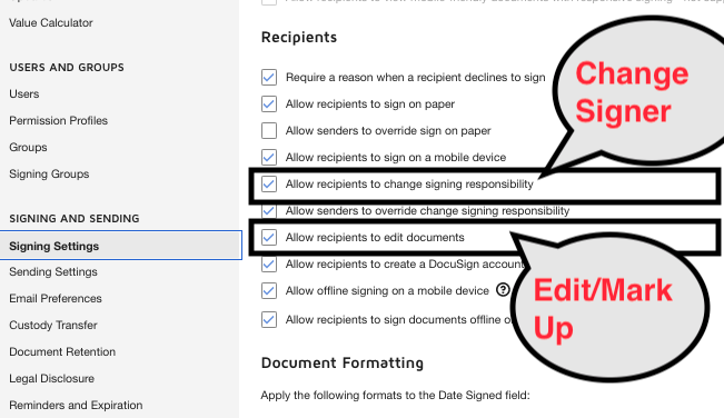 Editing Mark Up Settings