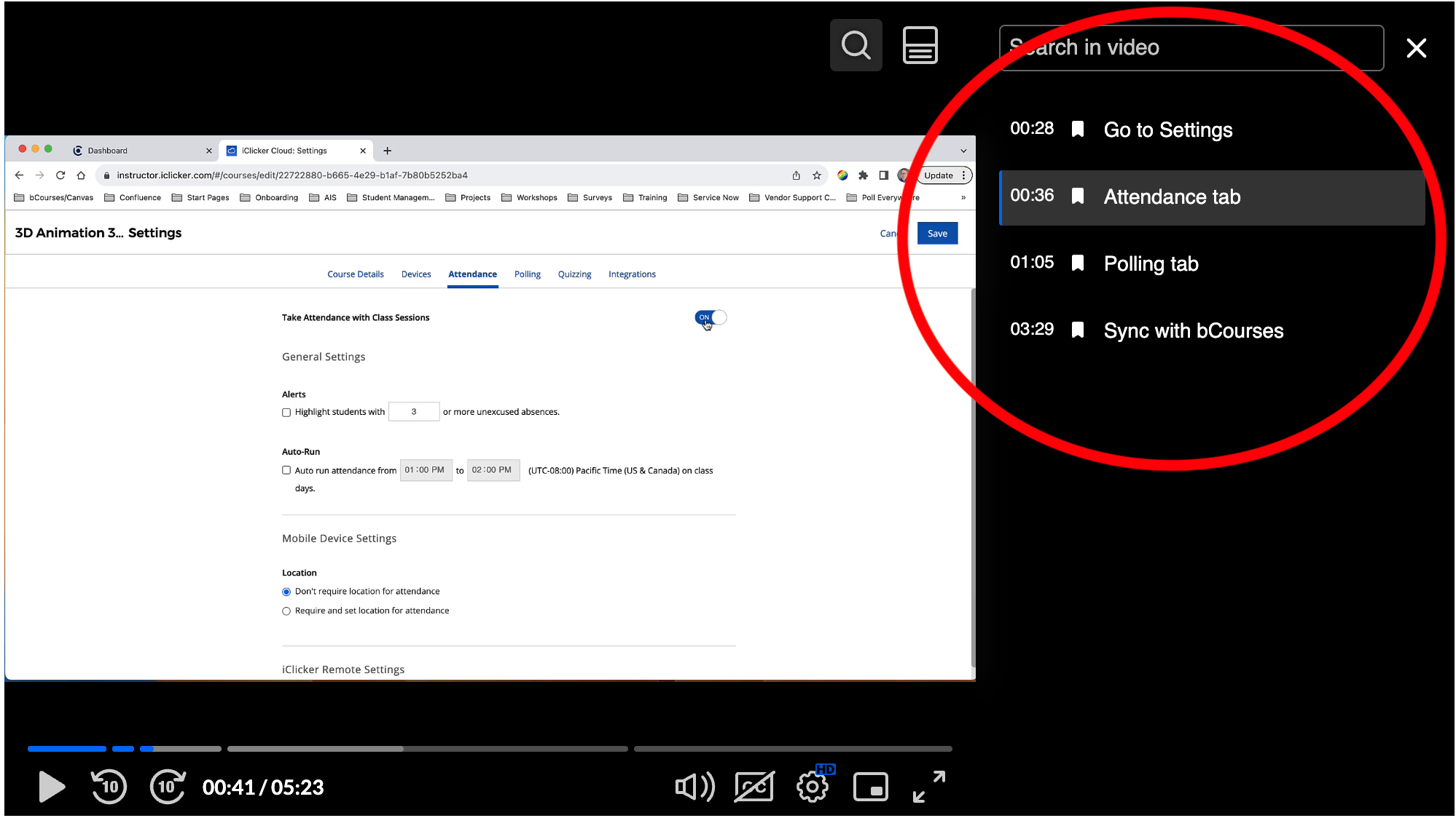 Video player with chapters displayed (includes a Search bar above the list)