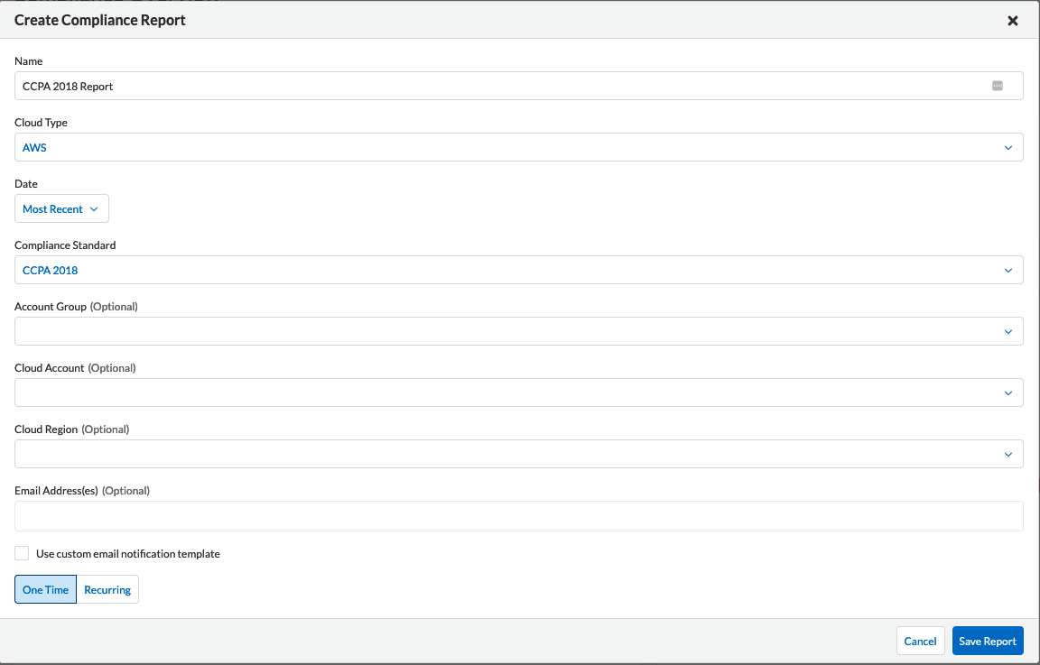 The Create Compliance Report window showing the report name, cloud type, and scheduling options.