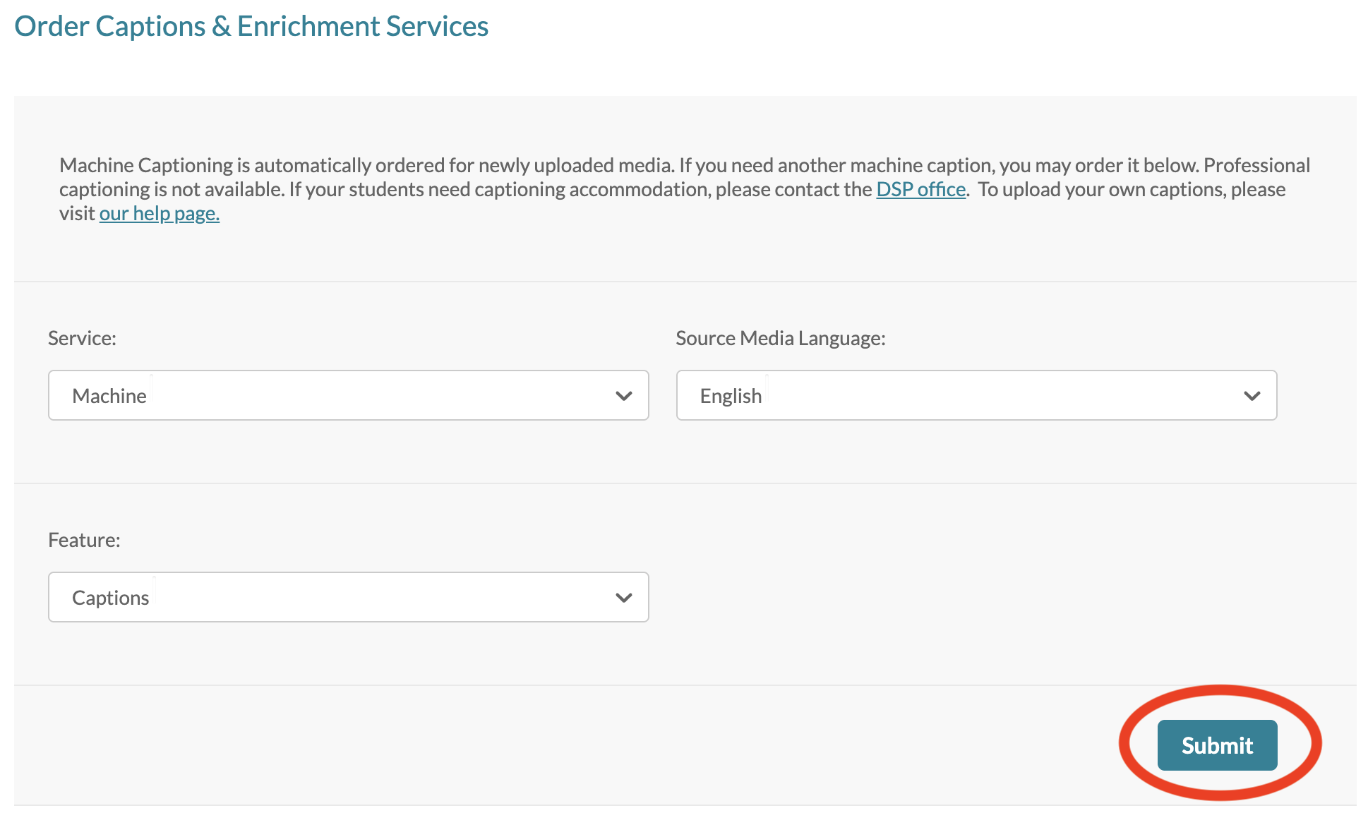 Screenshot showing "Order Captions & Enrichment Services" with Submit button circled 