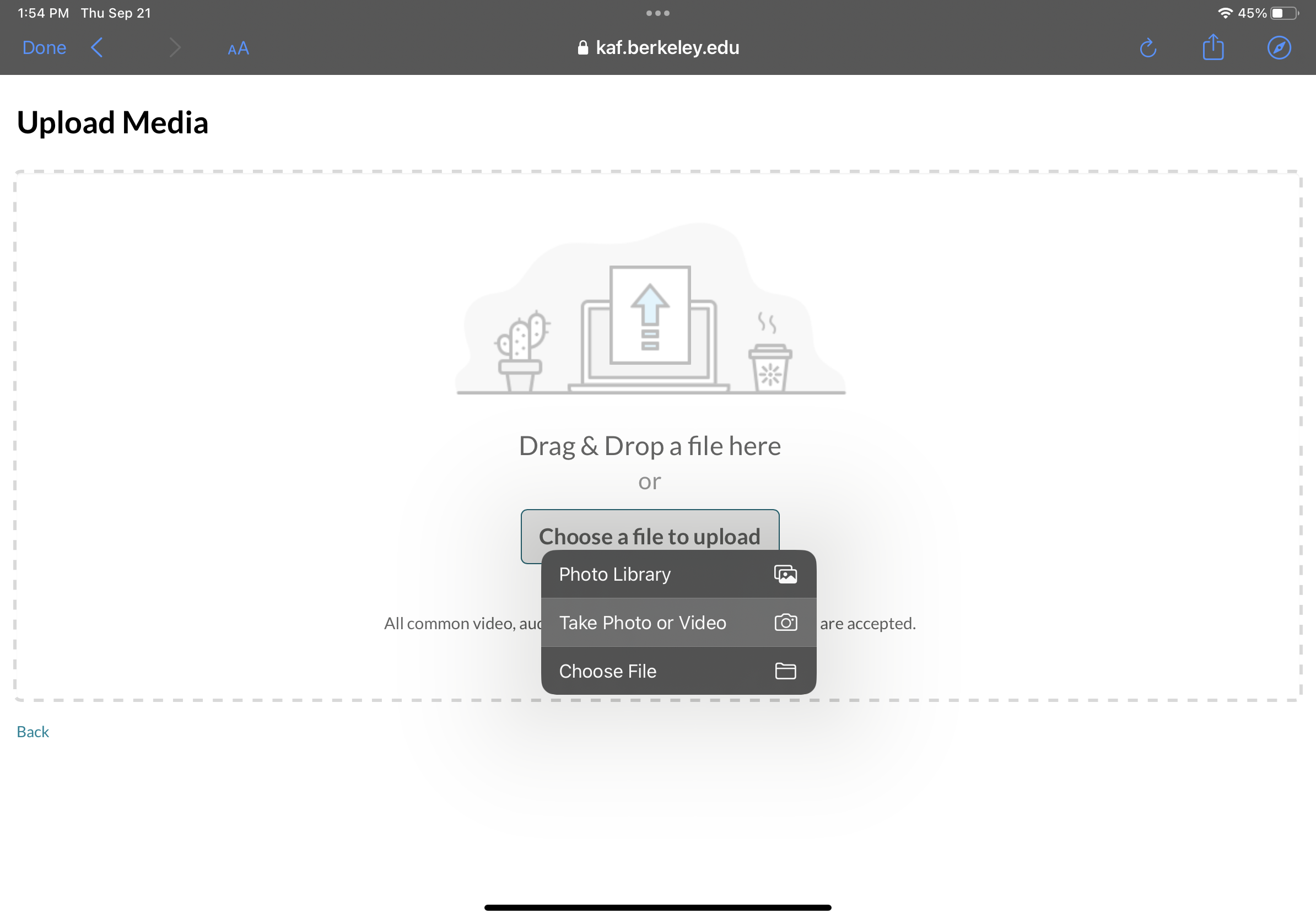 Screenshot of the Upload Media page with "Choose a file to upload" and "Take Photo or Video"
