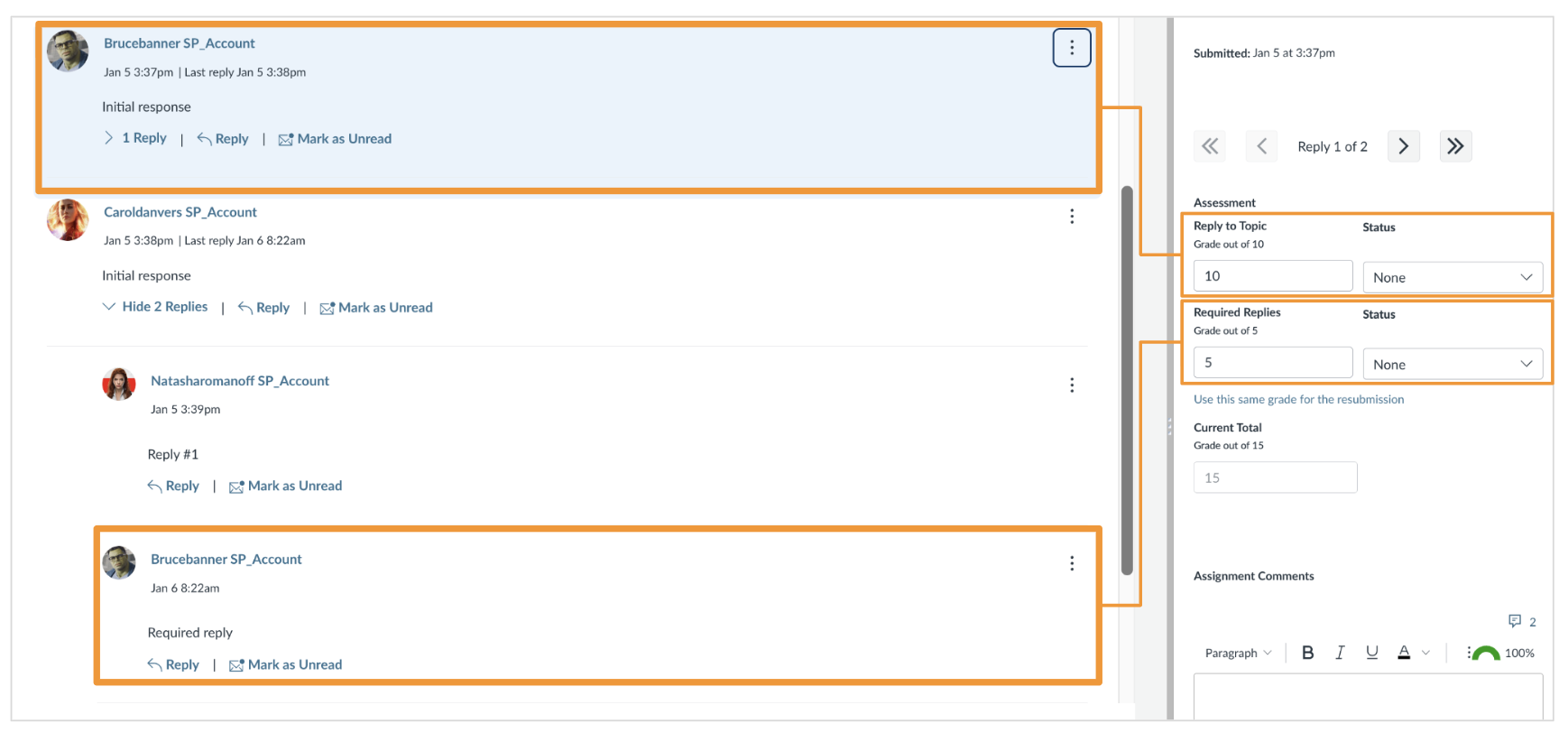 Screenshot of grading a Discussions Checkpoints assignment in the bCourses Speedgrader. At the top, a student&rsquo;s initial response is highlighted in an orange box with a connecting line to the grading field showing a grade of 5 out of 5. At the bottom, a student&rsquo;s response post is highlighted in an orange box with a connecting line to the grading field showing a grade of 5 out of 10. 