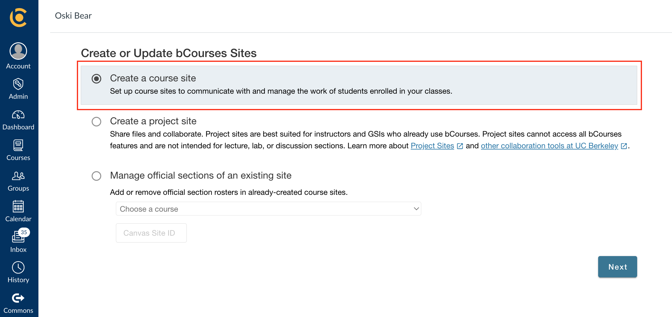 Screenshot of Manage Sites page with Create a Course Site button highlighted