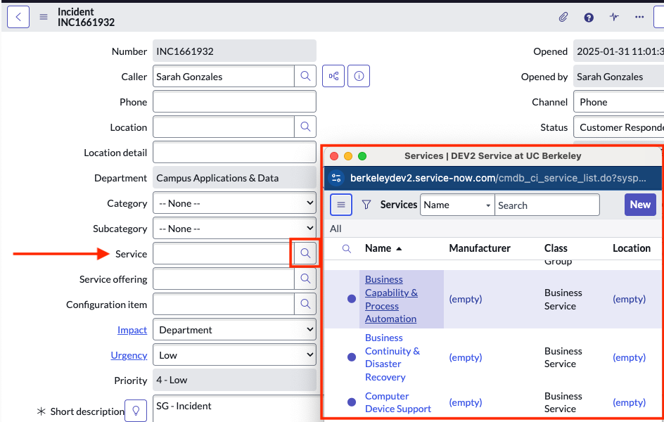 Select the appropriate Service by searching the field Service