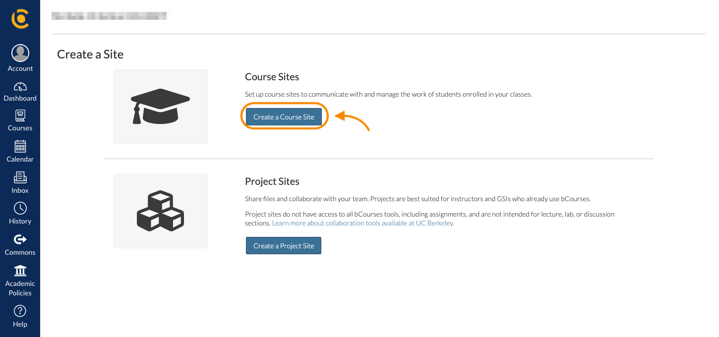 Screenshot of Create a Site page with Create a Course Site button highlighted