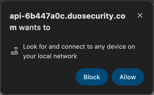Screen prompting user to allow or block Duo API to look for devices in local network