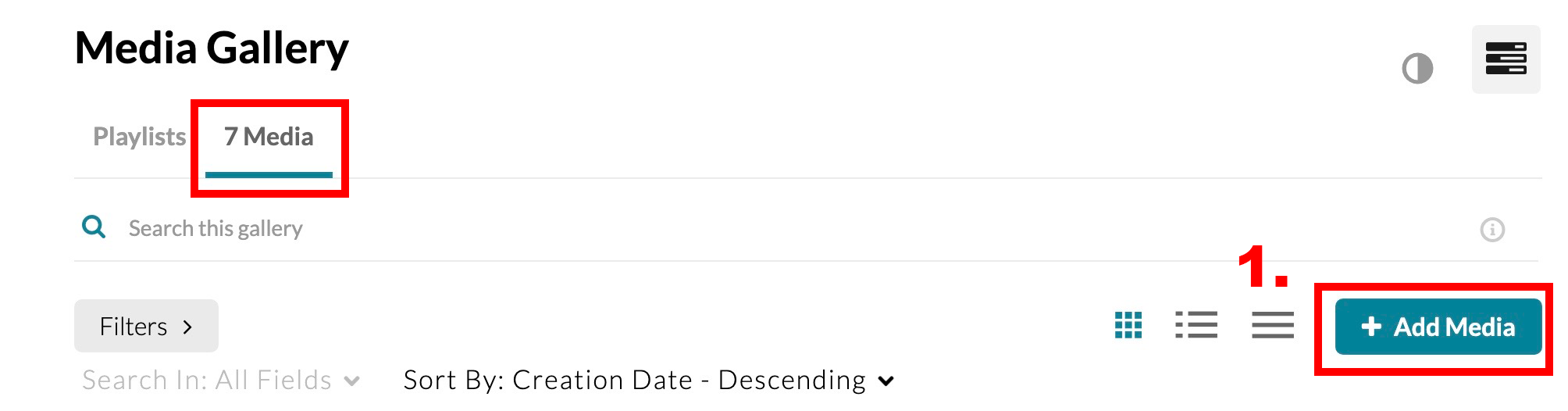 Media Gallery with the Media Tab selected and highlighted and Add Media Button highlighted.