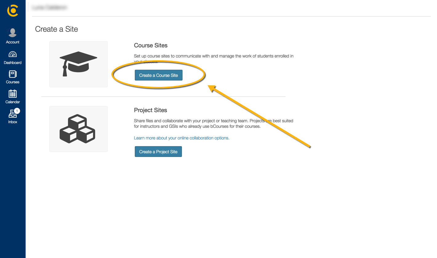 Screenshot of Create a Site screen with Create a Course Site button highlighted