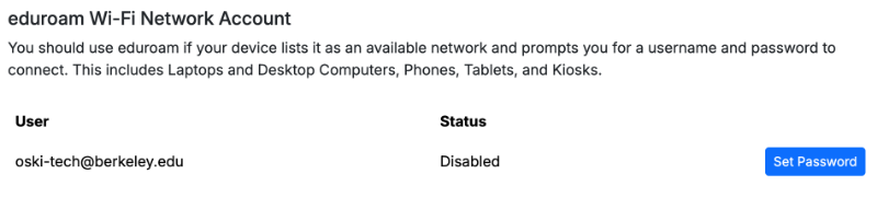 eduroam Wi-Fi Network Account showing Disabled