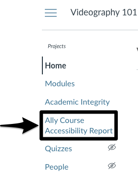 The Course Navigation Menu with an arrow pointing toward the Ally Course Accessibility Report option