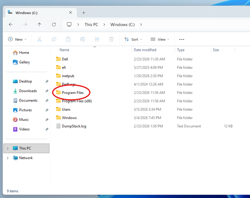 Windows Explorer screenshot highlighting Program Files folder as next navigation step