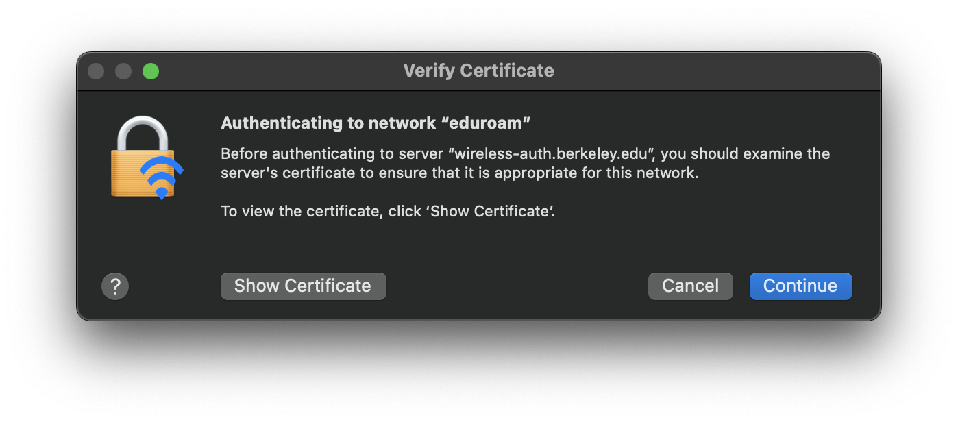macOS prompt to trust new certificate for eduroam Wi-Fi