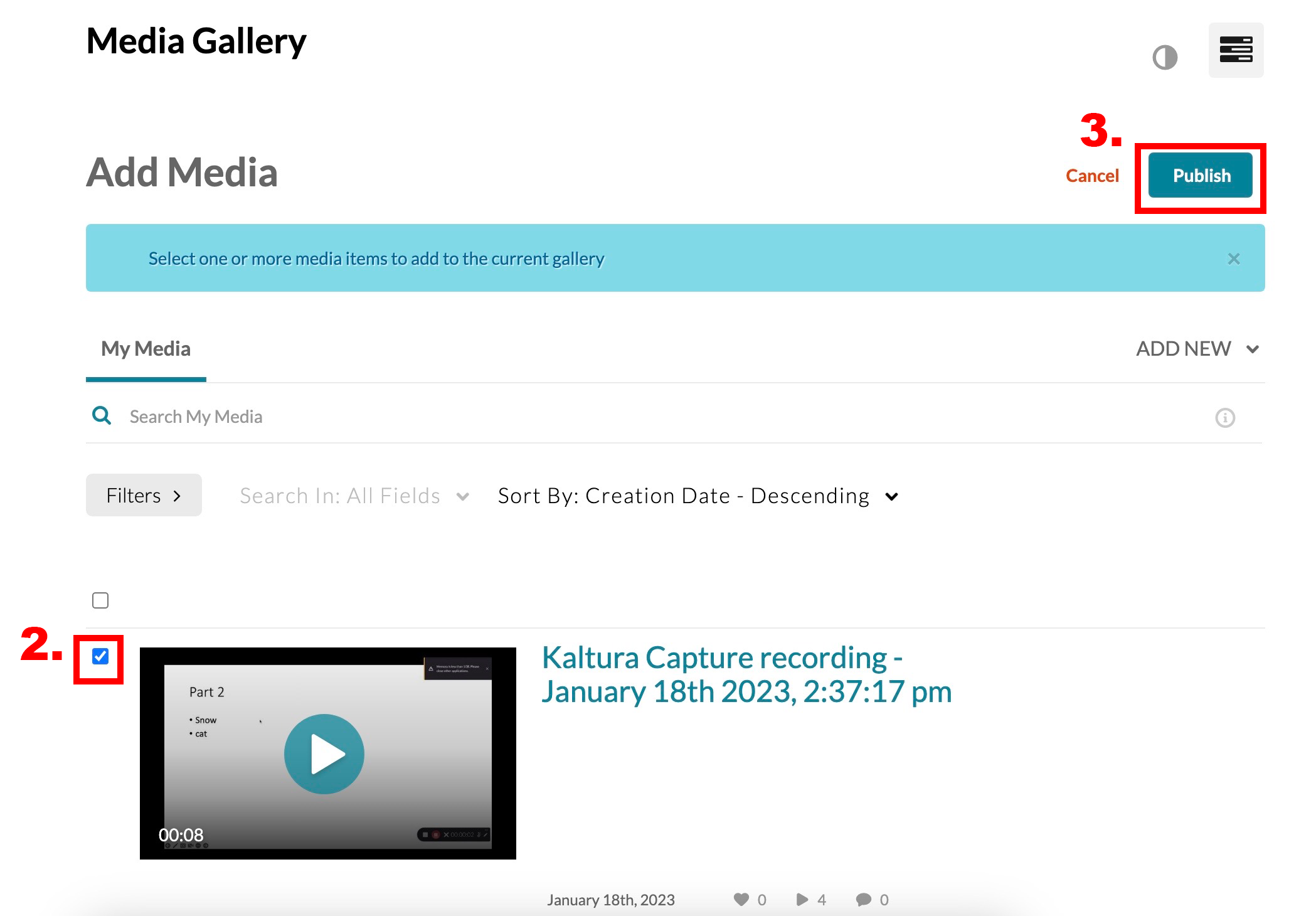Media Gallery with first video's checkbox checked and Publish button highlighted
