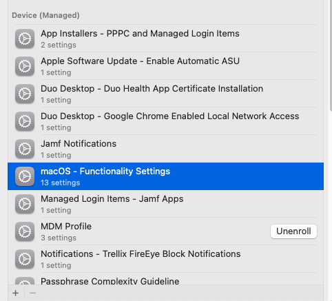 List of managed Configuration Profiles indicating Berkeley Desktop managed device. Highlighted macOS Functionality Settings as most indicator of Berkeley Desktop management.