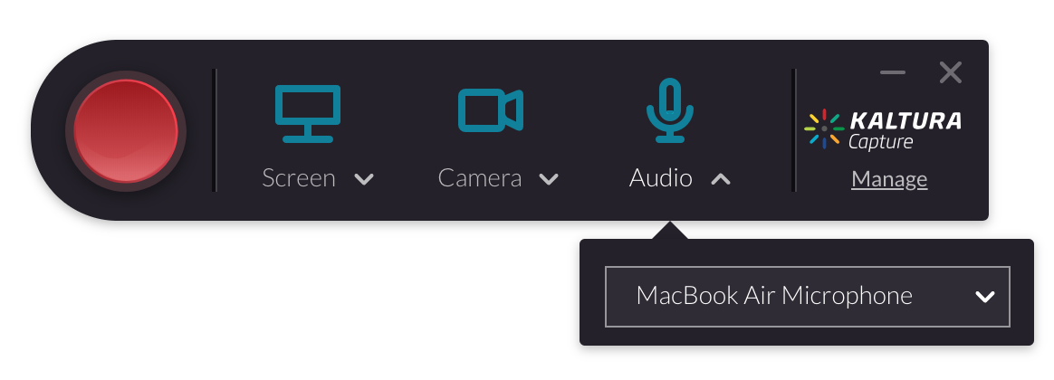 Screenshot of kaltura Desltop Recorder Interface: Record, Screen, Camera, Audio (MacBook Air Microphone selected)