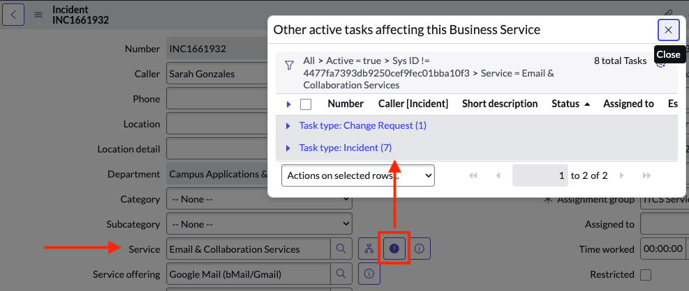 Selecting the information icon next to the Service will provide details of all other tasks associated with the Service