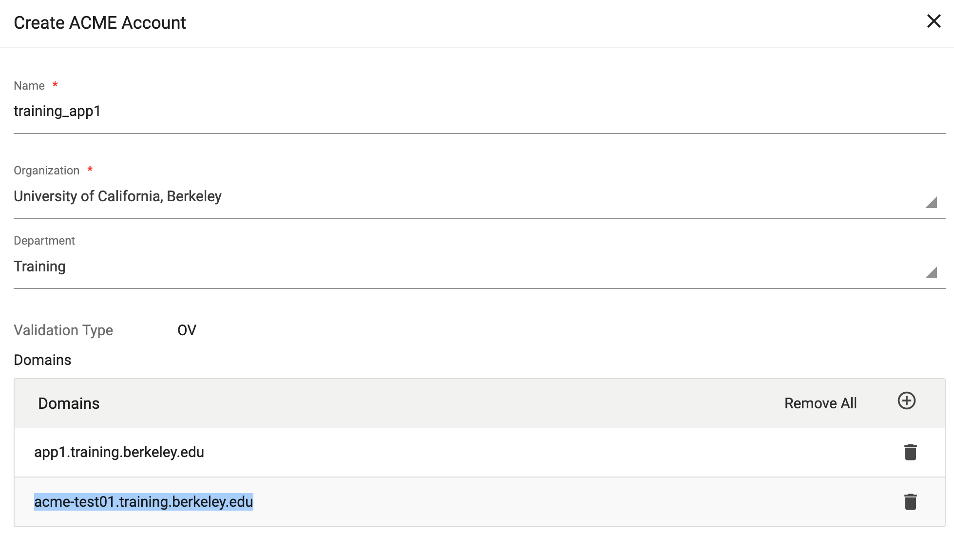 Screenshot of ACME account with selected certificates displayed underneath domains