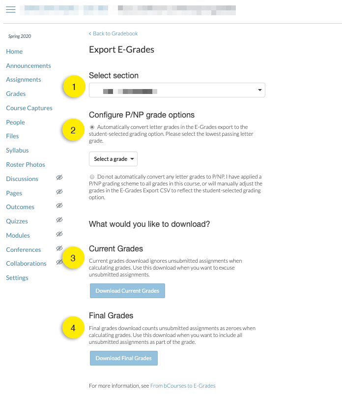Screenshot of the "Export E-Grades" page.