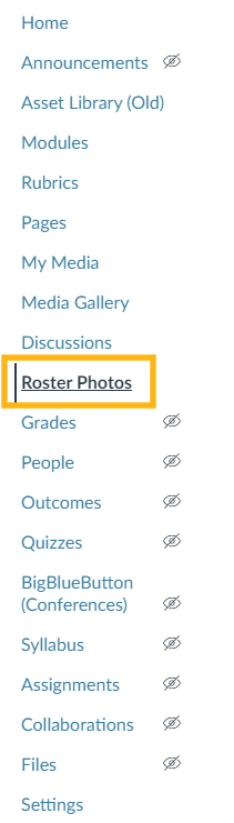 Screenshot of the course navigation menu with the Roster Photos link highlighted.