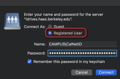 Image of Login dialog with 'Registered User' selected (highlighted in red), showing 'CAMPUS\CalNetID' in the Name field, a filled Password field, and the 'Remember this password in my keychain' checkbox checked.