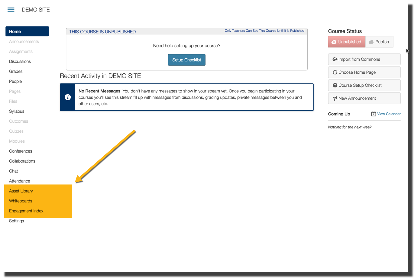 Screenshot of a course site home page with all SuiteC tool links on Course Navigation menu