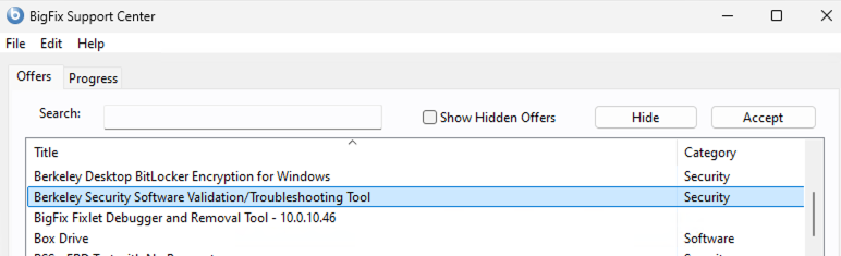 Screenshot of the Windows Support Center menu listing available software. The entry for "Berkeley Security Software Validation/Troubleshooting Tool" is selected and highlighted in blue.