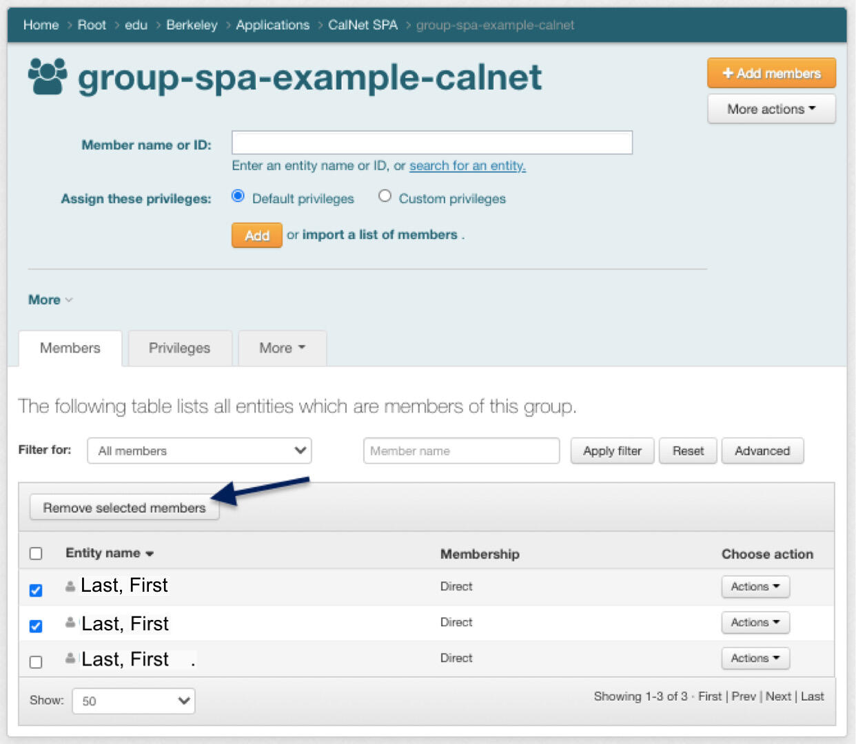 Image of a SPA page in CalGroups with check boxes selected next to multiple users' names, and an arrow pointing towards the "remove selected members" button