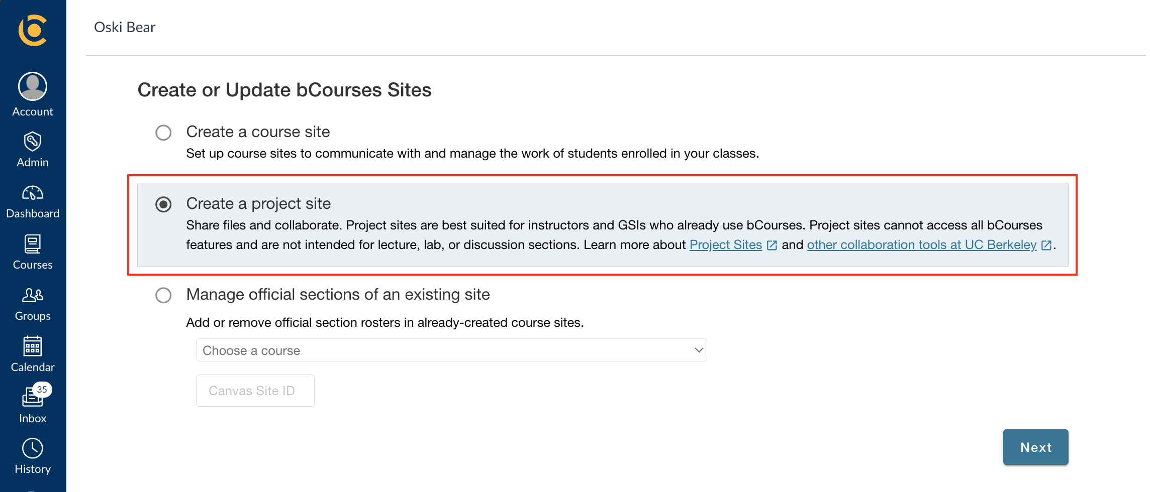 Screenshot of Project Sites option on the "Create a Site" screen