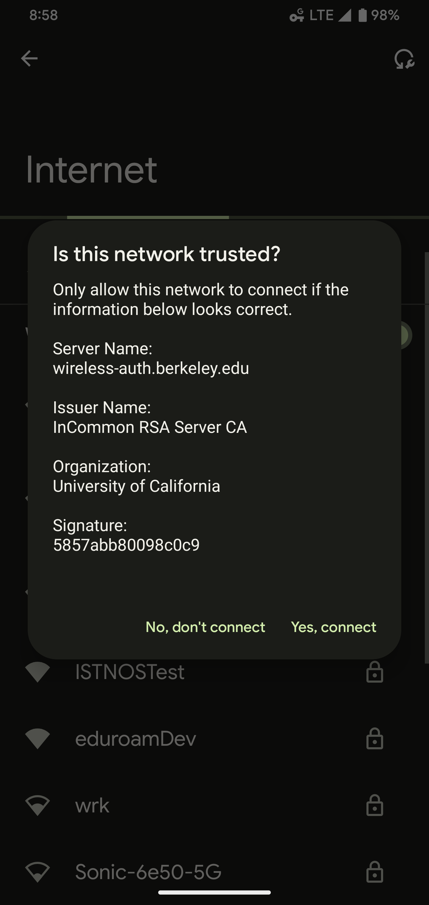 Android prompt to trust new certificate for eduroam Wi-Fi