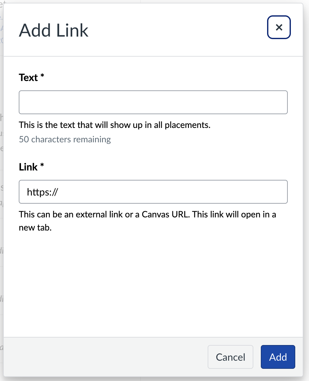Canvas Add Link pop-up modal showing text and URL input fields.