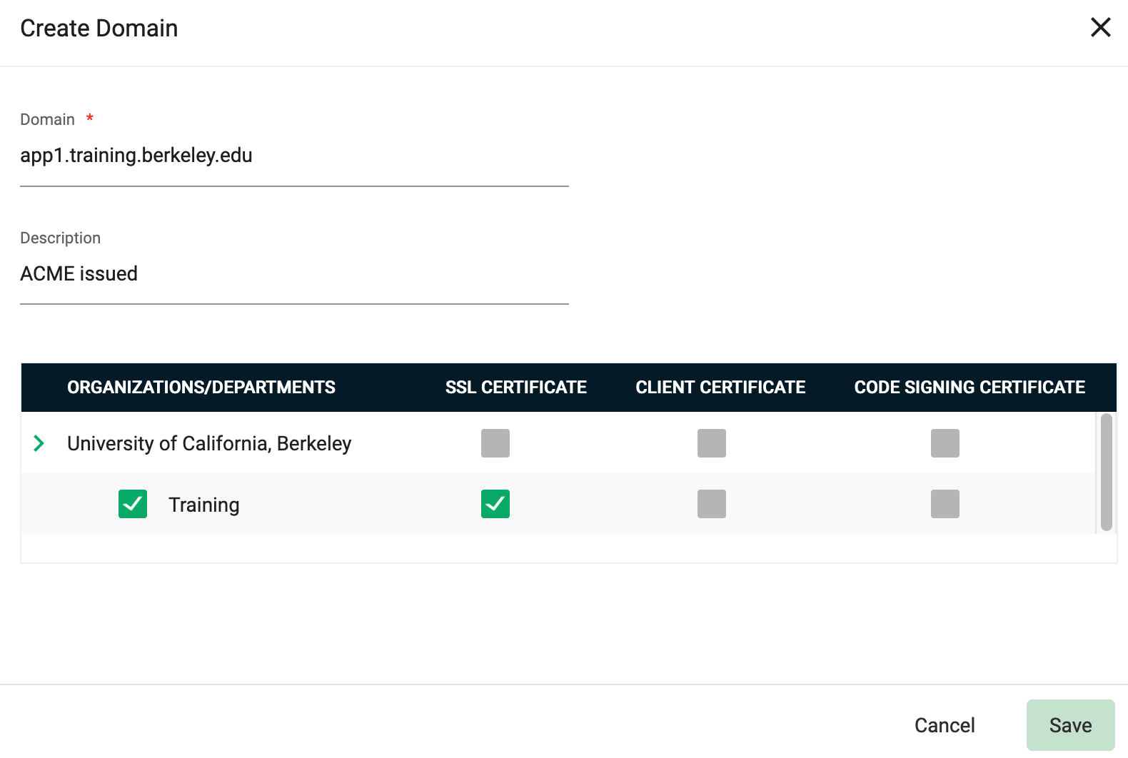 Screenshot of ACME domain selected with checkboxes for certificates