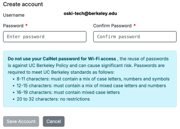 Create New eduroam Account Page
