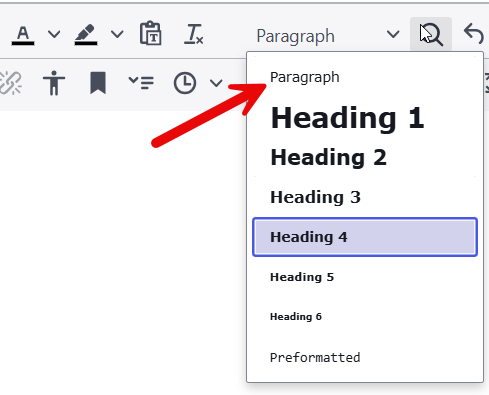 dropdown list of Paragraph options, select Paragraph
