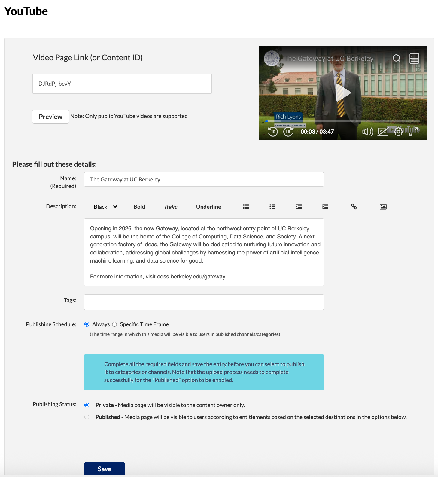 Window after page link entered and Preview button selected. Metadata fields filled out