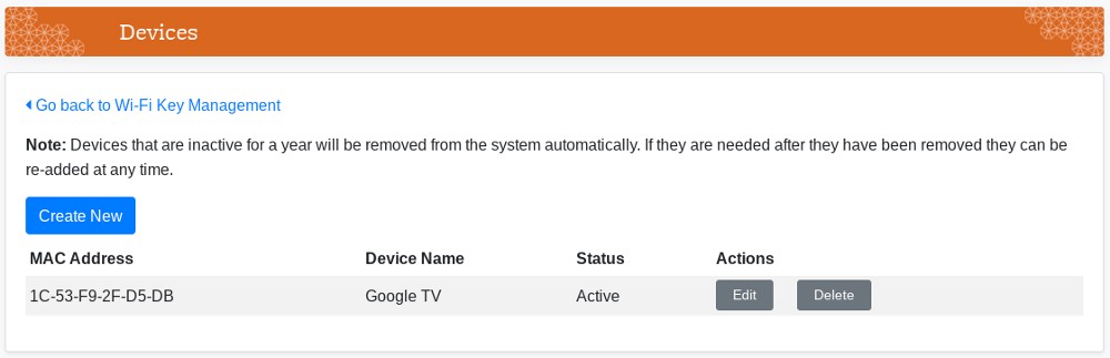 WiFi Keys Manage Devices Device List