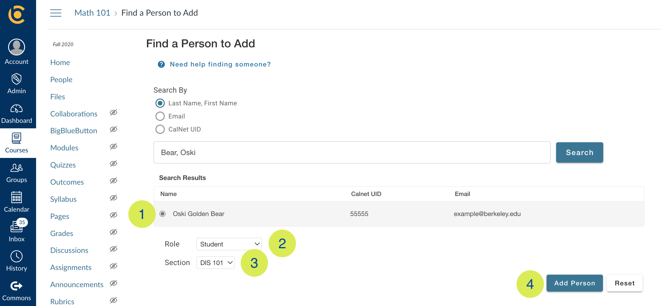 Screenshot of Find a Person to Add with Name, Role, Section and Add User highlighted