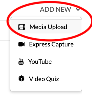 Add New menu with Media Upload choice circled in red