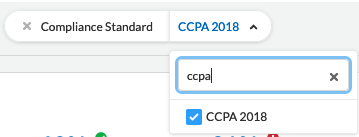 CCPA Standard Selection.png The Compliance Standard filter with CCPA entered and a checkbox next to the standard to select it.