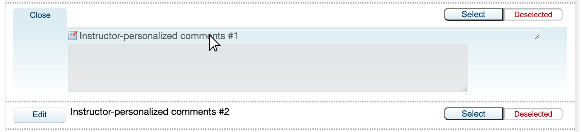 Screenshot of the question edit box opened with the phrase "Instructor-personalized comments #1" highlighted. 