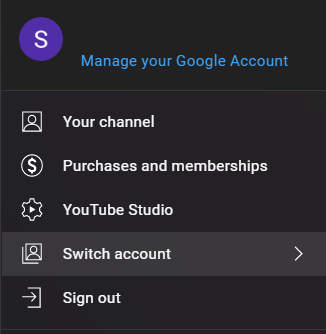 Screenshot of the channel icon dropdown menu with the Switch Account option highlighted.